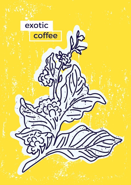 Tropical coffee branch with art line leaves beans Floral summer natural illustration Jungle print