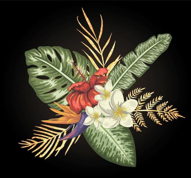 tropical composition of hibiscus,  plumeria,  and strelitzia flowers with golden textured leaves  isolated. Bright realistic watercolor style exotic design elements.