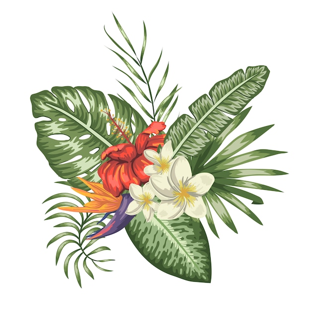 tropical composition of red hibiscus,  white plumeria,  monstera and palm leaves isolated . Bright realistic watercolor style exotic design elements.