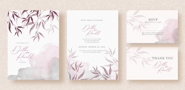 Tropical dark purple long leaves painting on wedding invitation card