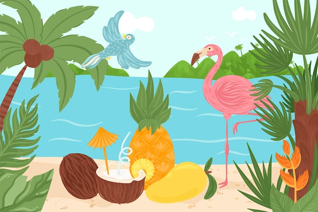 Tropical exotic element design vector illustration summer paradise at hawaii bird flamingo at ocean ...