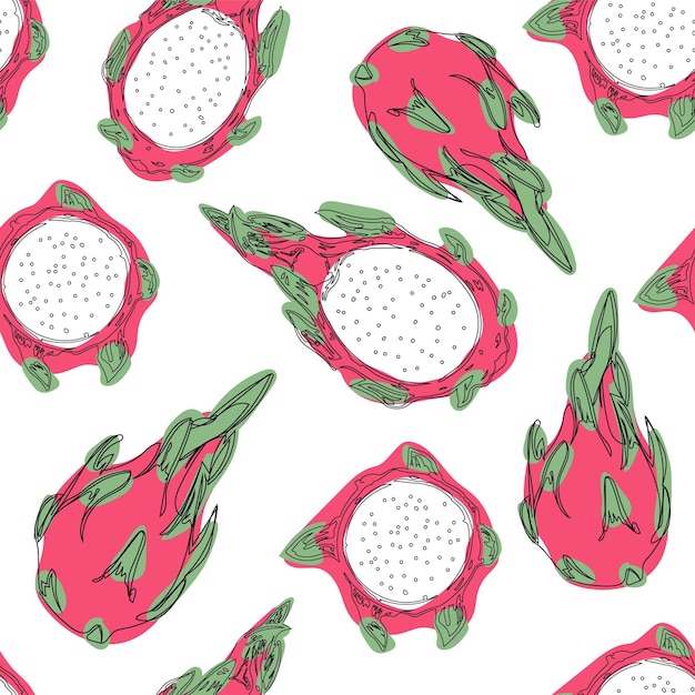 Tropical exotic fruit dragon fruit Hand draw seamless pattern