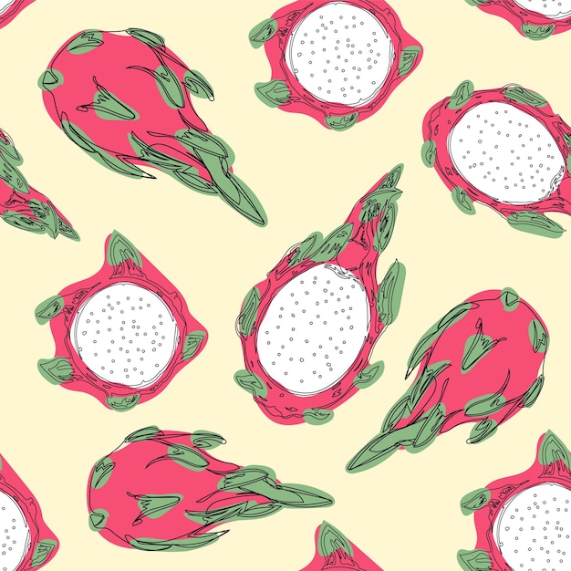 Tropical exotic fruit dragon fruit Hand draw seamless pattern