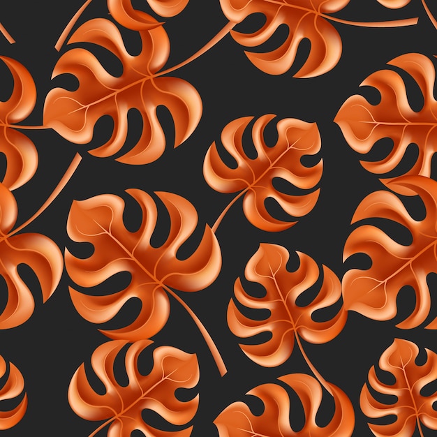 Tropical exotic leaves monstera orange pattern background