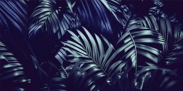 Tropical exotic palm leaves botanical dark blue gradientFloral frameJungle backgroundGreenery