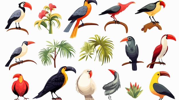 Tropical and Exotic Wild Bird Drawing Set Vector Illustration