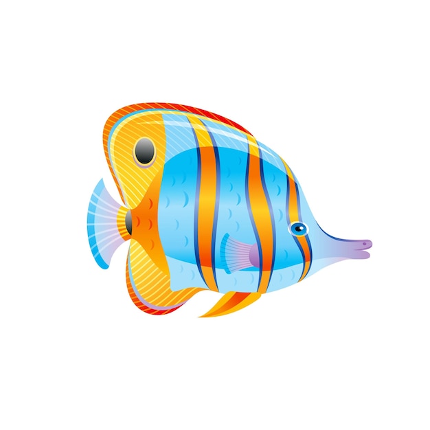 Tropical Fish vector Angel Butterfly fish Exotic Coral Reef animal aquarium or sea blue Angelfish with yellow stripe 3d cartoon ocean life icon Isolated white background Underwater illustration