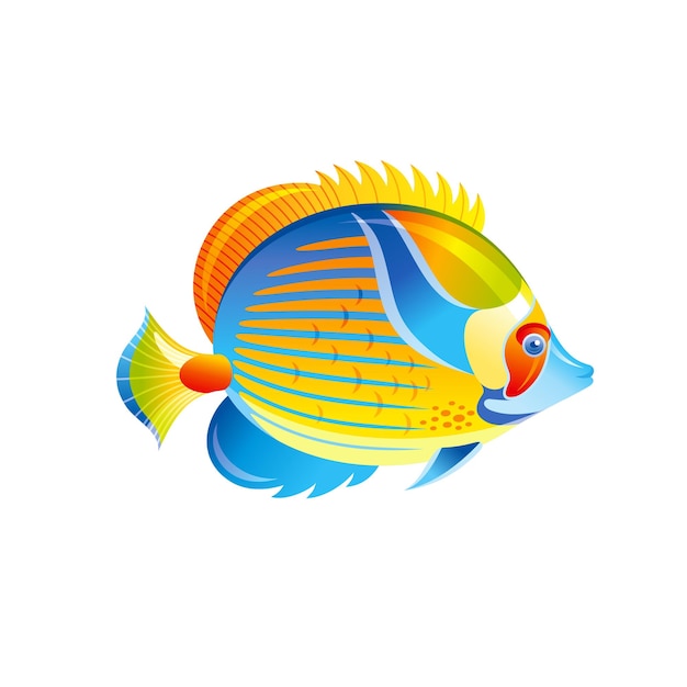 Tropical Fish vector Angel Butterfly fish Exotic Coral Reef animal aquarium or sea blue Angelfish with yellow stripe 3d cartoon ocean life icon Isolated white background Underwater illustration