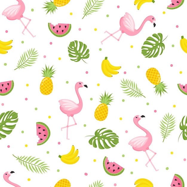 Tropical flamingo pattern Seamless decorative background with flamingo and tropical fruits