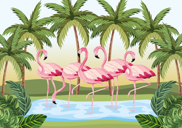 Tropical flamingos animals with palms and leaves