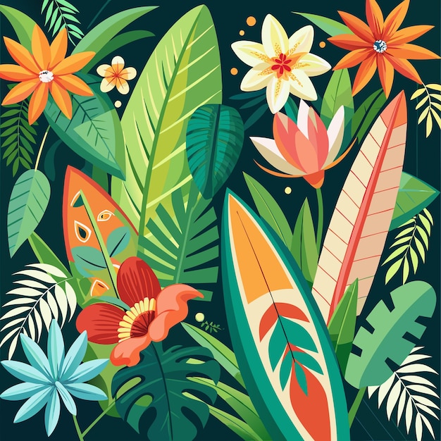 tropical Flora and surfboard background