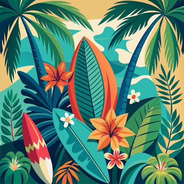 tropical Flora and surfboard background