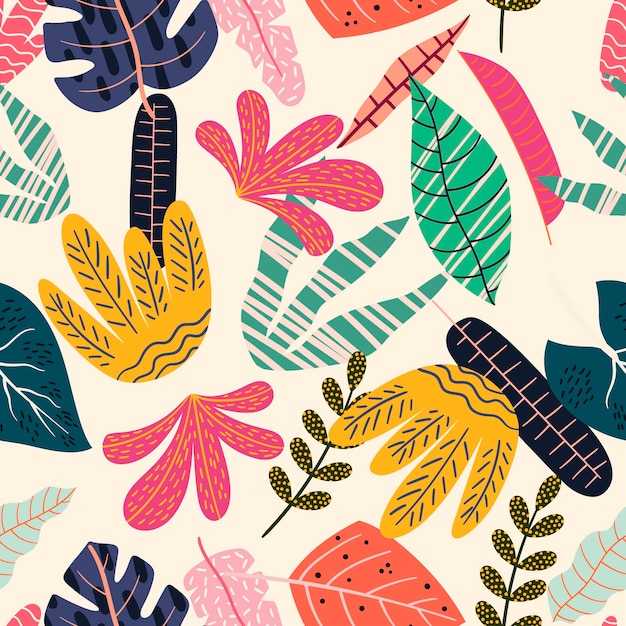 Tropical Floral Pattern with Colorful Leaves and Branches in Cute Scandinavian Style Seamless Botanical Background