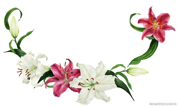 Tropical floral watercolor garland with oriental lilies