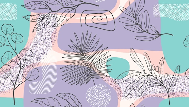 Tropical flower and leaves hand drawn seamless pattern