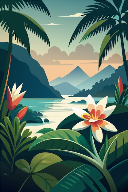 Vector tropical flower and ocean vector illustration flat 2