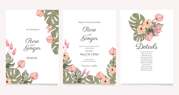 Tropical flower wedding invitation template set