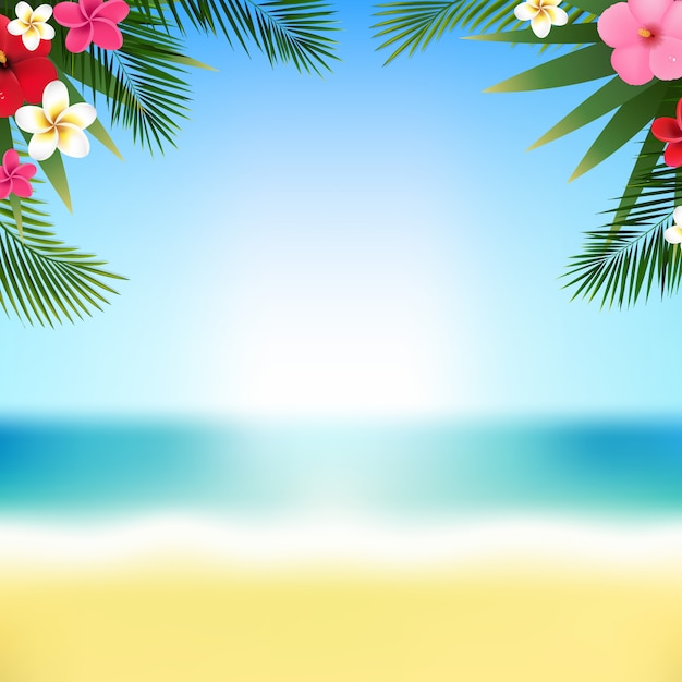 Tropical Flowers Border And Beach With Gradient Mesh