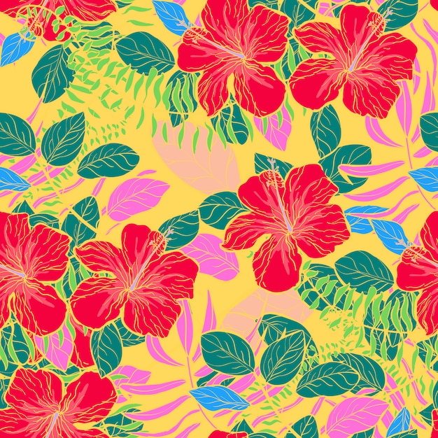 Tropical flowers and leaves of plants jungle vector seamless pattern.