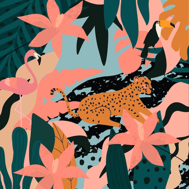 Tropical flowers and leaves poster background with flamingo toucan and leopard