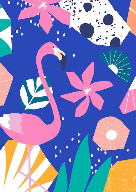 Tropical flowers and leaves poster background with flamingos Colorful summer vector illustration