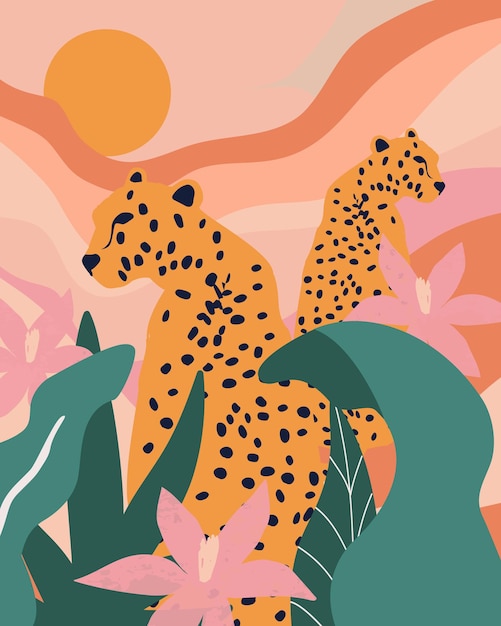 Tropical flowers and leaves poster background with leopards Colorful summer vector