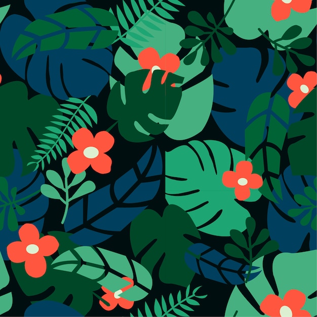 Tropical flowers and leaves seamless pattern