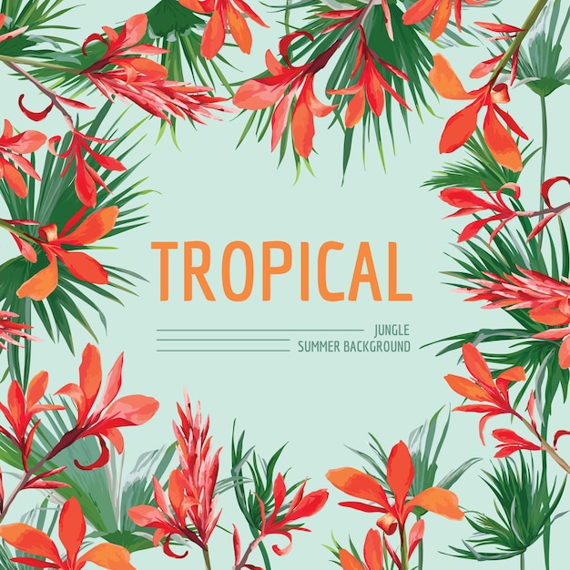 Tropical Flowers and Palm Leaves Background. Graphic Summer Design