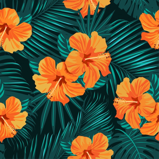 Tropical flowers and palm leaves Seamless pattern.