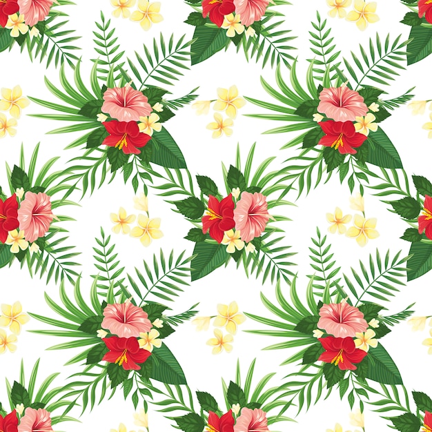 Tropical flowers seamless pattern. Summer tropic flower, wild plants leaves and tropics floral party background