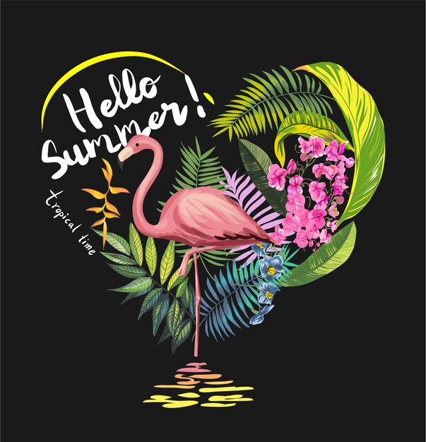 Vector tropical flowers with flamingo illustration