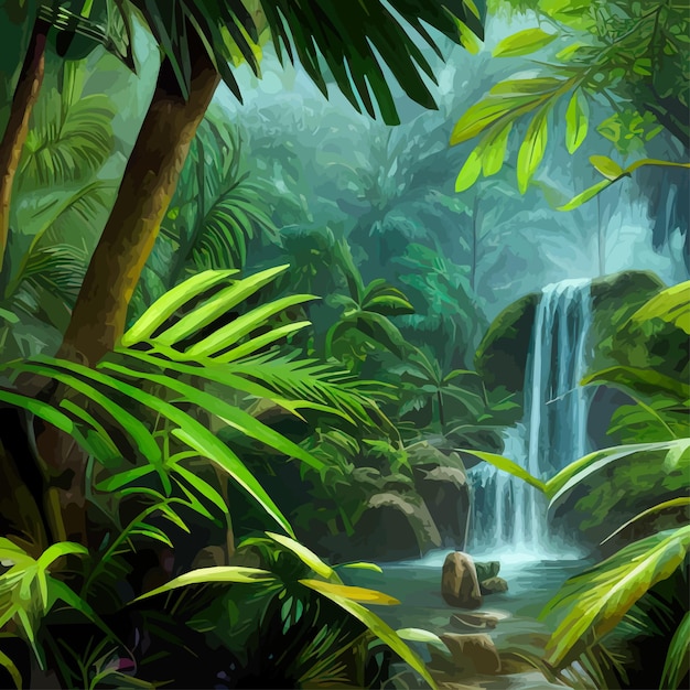 Vector tropical forest landscape with waterfall and river with tree trunks and green grass vector cartoon