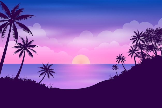 Tropical forest and ocean with beautiful Purple sky sunset or sunrise