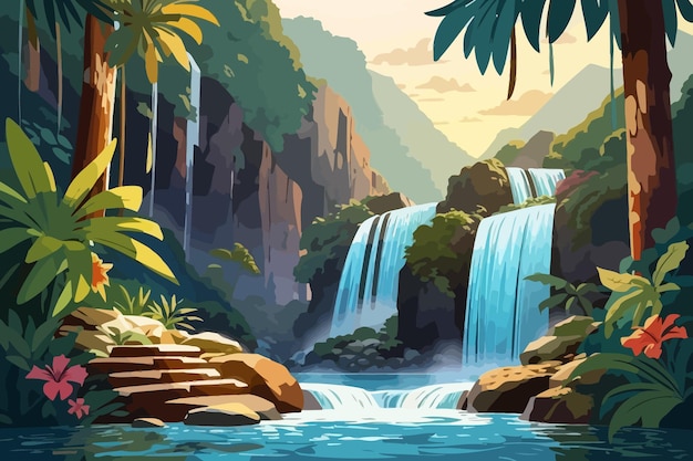 Vector tropical forest waterfall illustration