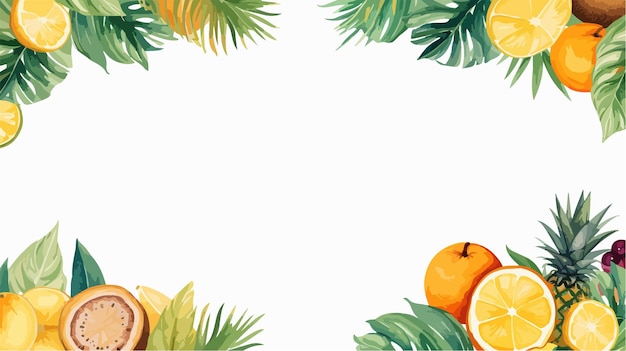 Vector tropical fruit and palm leaves frame isolated on white background