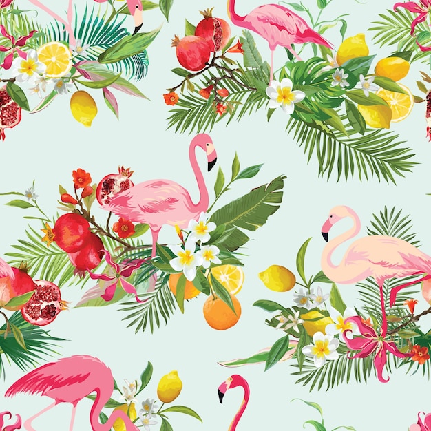 Tropical Fruits, Flowers and Flamingo Birds Seamless Background. Retro Summer Pattern