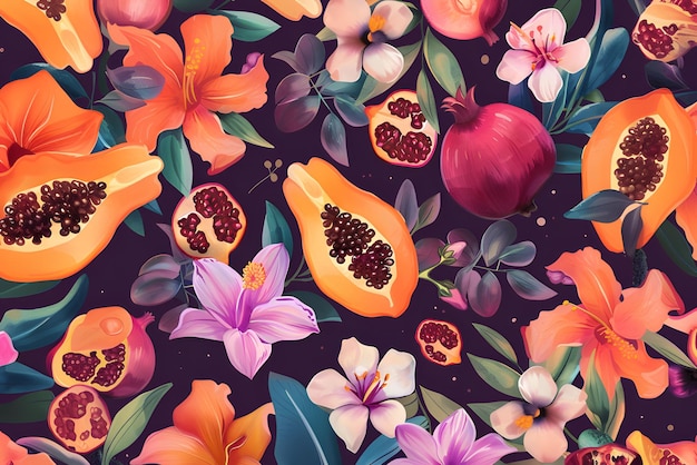 Vector tropical fruits and flowers pattern