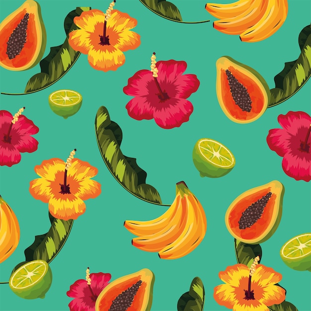 Tropical fruits and flowers with leaves background