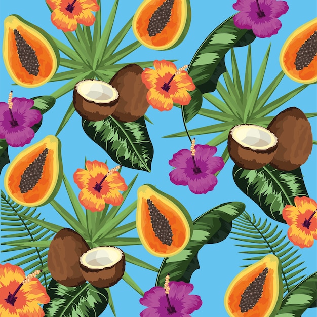 Tropical fruits and leaves plants background