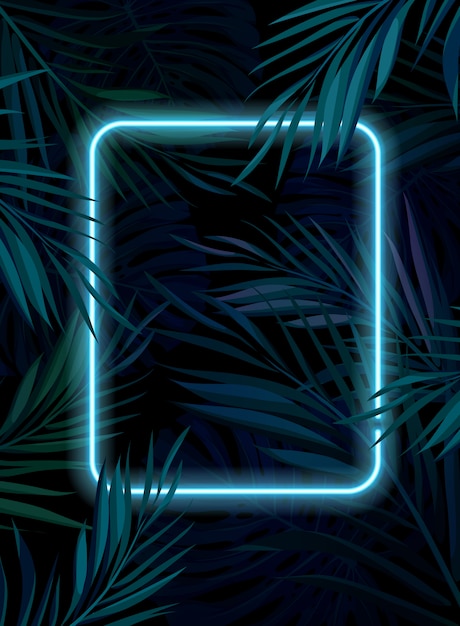 Vector tropical glowing neon frame. dark night jungle palm leaves. summer  background illustration.