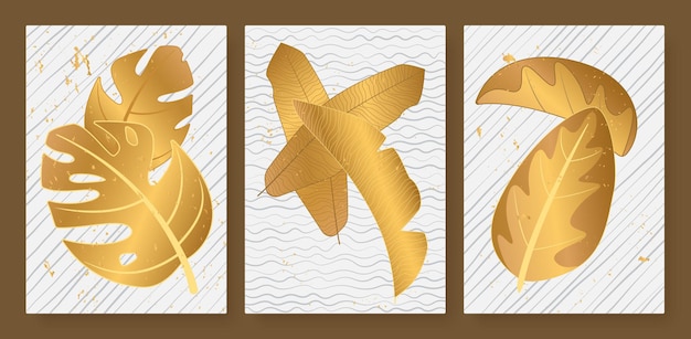 Tropical golden leaves set for social media stories luxury abstract gold palm tree leaf wall picture