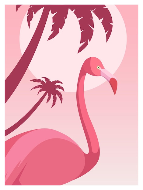 Tropical illustration with pink flamingo bird and summer background Vector illustration