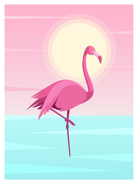 Tropical illustration with pink flamingo bird Vector illustration