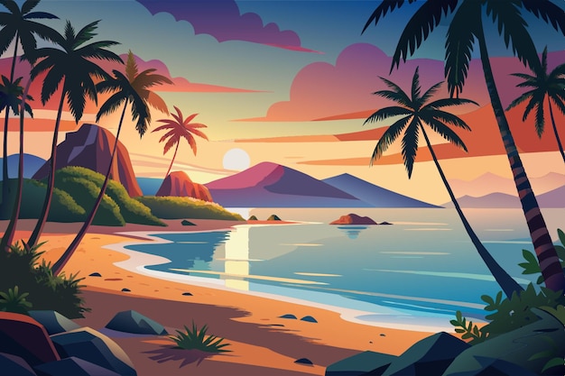 Vector a tropical island beach at dawn vector illustration flat 2