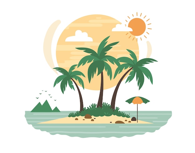 Tropical island illustration featuring palm trees sun beach umbrella sea flat graphic style