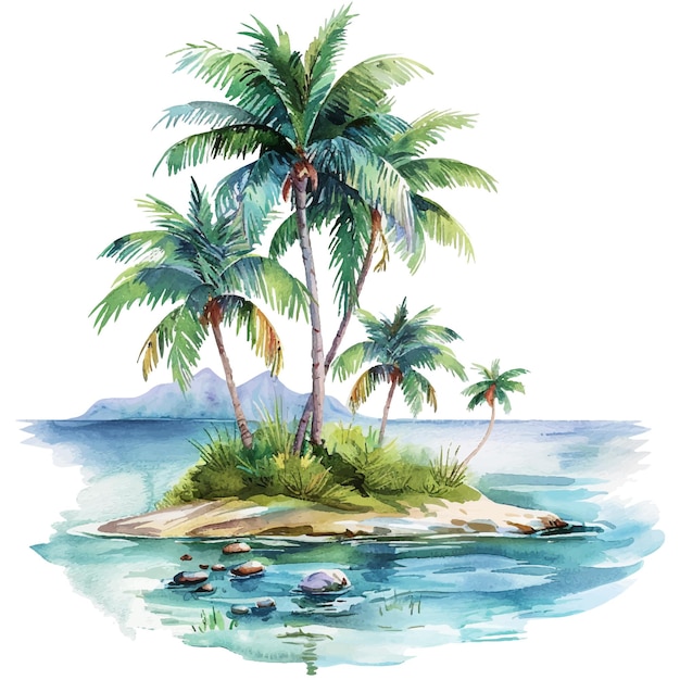 tropical island lancape vector illustration in watercolour style