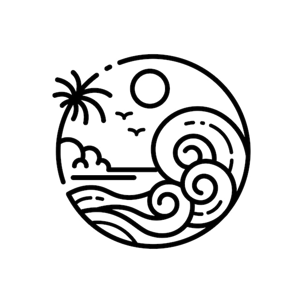 tropical island monoline logo with palm trees and waves on the beach