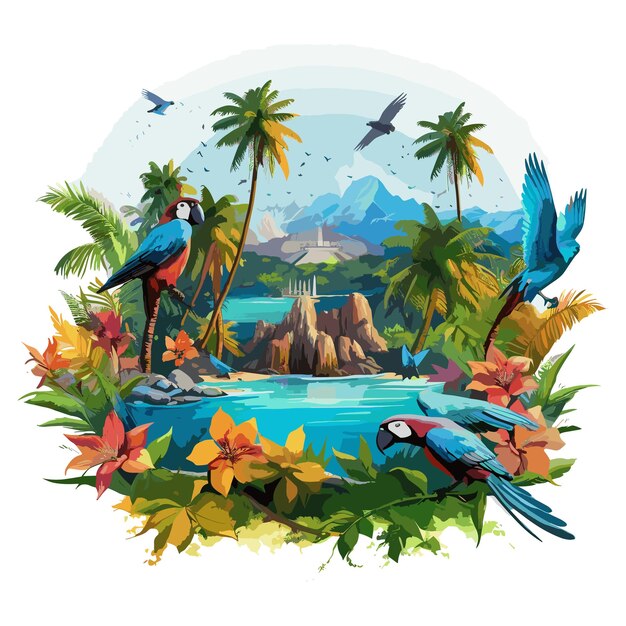 Vector tropical island paradise with palm trees vector illustration