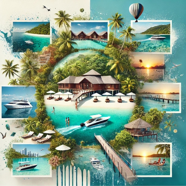 Tropical Island Retreat Collage with Stunning Beach and Resort Views