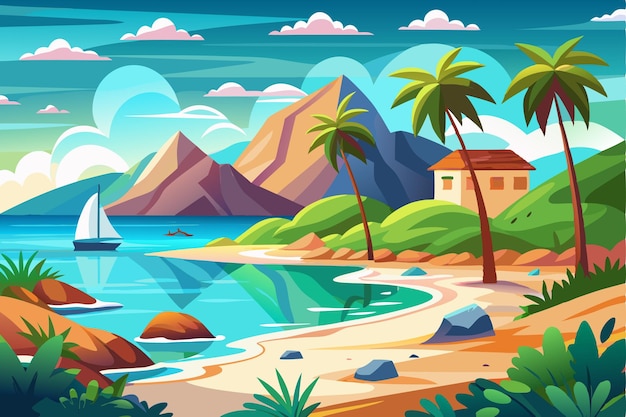 Vector tropical island with a beach palm trees and a house